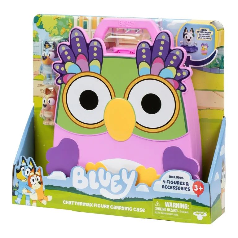 Estuche de Transporte de Figuras de Chattermax, Incluye Figuras de Bluey, Bingo, Muffin y Chattermax, Mayores de 3 Años.