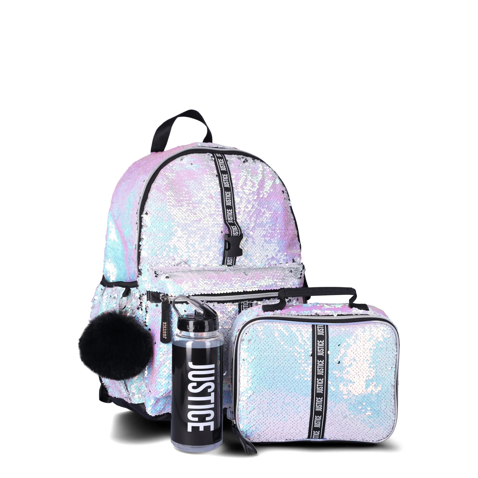 SET DE MOCHILA JUSTICE LENTEJUELA 4 PZAS. Edmilys Boutique